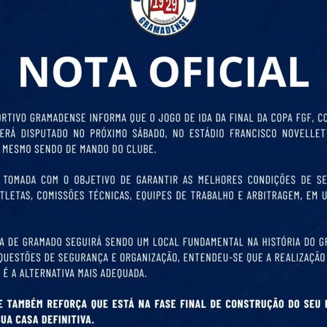 Mesmo com mando de campo, primeiro jogo do Gramadense na final da Copa FGF contra o Brasil de Pelotas será em Porto Alegre. Entenda por que.