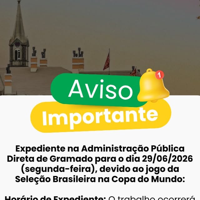 Prefeitura de Gramado terá turno único nesta segunda-feira (29) devido a jogo da Seleção Brasileira na Copa do Mundo