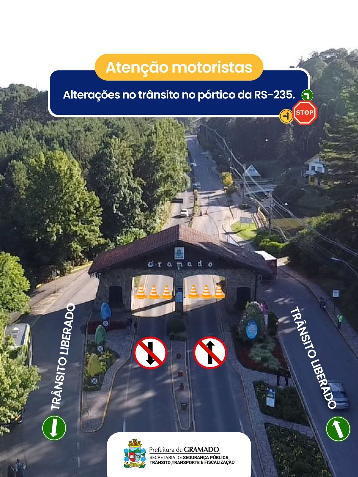 Passagem de veículos sob o pórtico da RS-235 é suspensa para reforma da estrutura